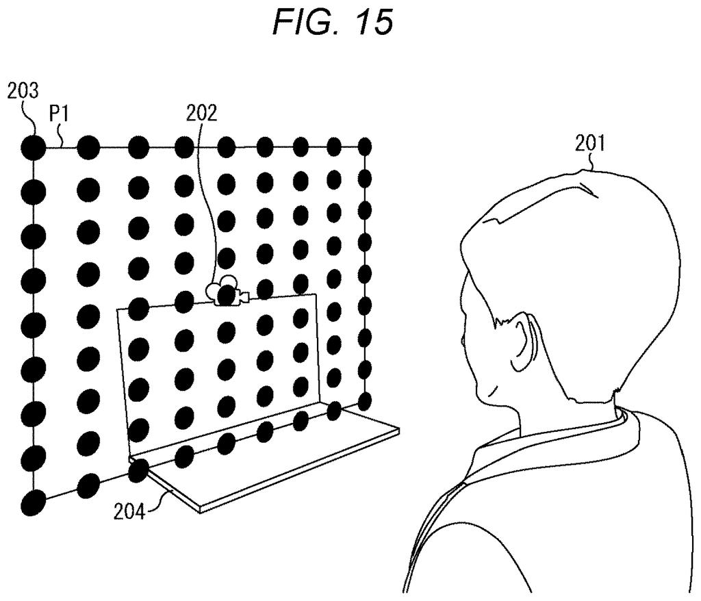 A computer-generated avatar looks at a grid of target points in front of a camera to create practice photos for gaze software. Drawing from patent filing US 2026/0330788 A1.