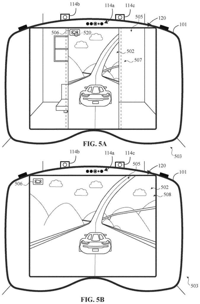 A headset screen resizes a fast-moving driving video inside a real room view to help prevent motion sickness. Drawing from patent filing US 2026/0330790 A1.