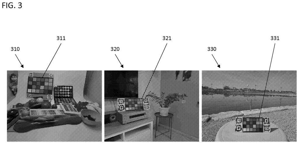 Everyday scenes with checkerboard color cards used to train AI to recover hidden color details from standard camera shots. Drawing from patent filing US 2026/0330828 A1.