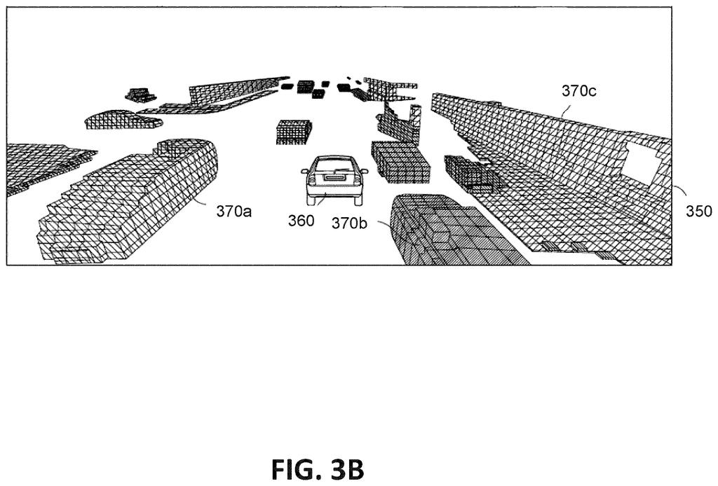 A three-dimensional computer model of curbs, walls, and road surfaces generated around a moving vehicle. Drawing from patent filing US 2026/0330841 A1.