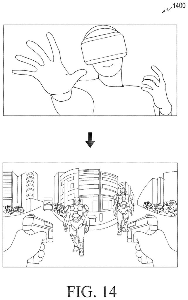 A headset user points at virtual displays while moving their head to manage multiple open work screens. Drawing from patent filing US 2026/0330876 A1.