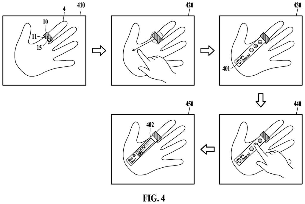 A smart ring projects an interactive display directly onto the wearer's palm and responds to fingertip taps. Drawing from patent filing US 2026/0331012 A1.
