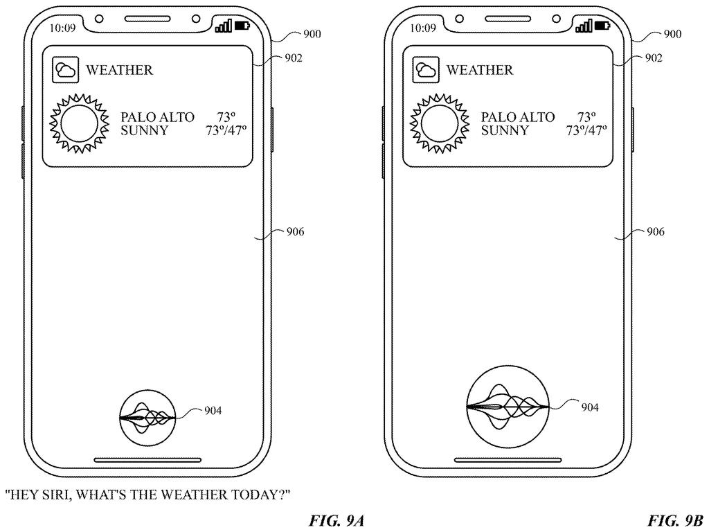 A smartphone screen showing a voice assistant listening to a weather request and bringing up the local forecast. Drawing from patent filing US 2026/0331104 A1.