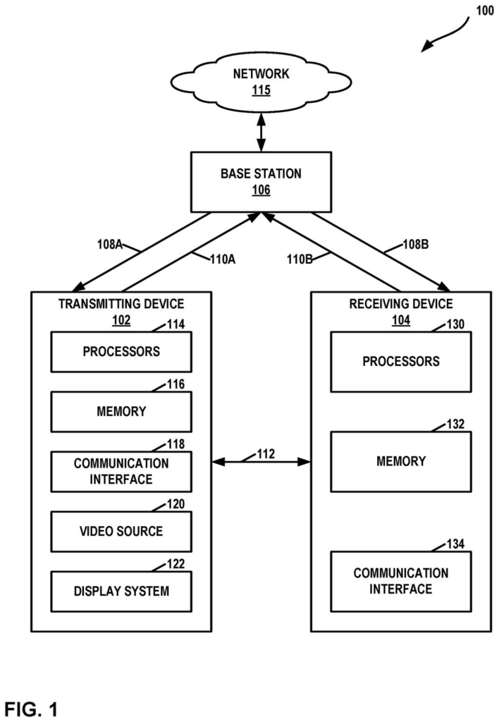 A phone streams video directly to smart glasses while both stay connected to a cell tower. Drawing from patent filing US 2026/0332834 A1.