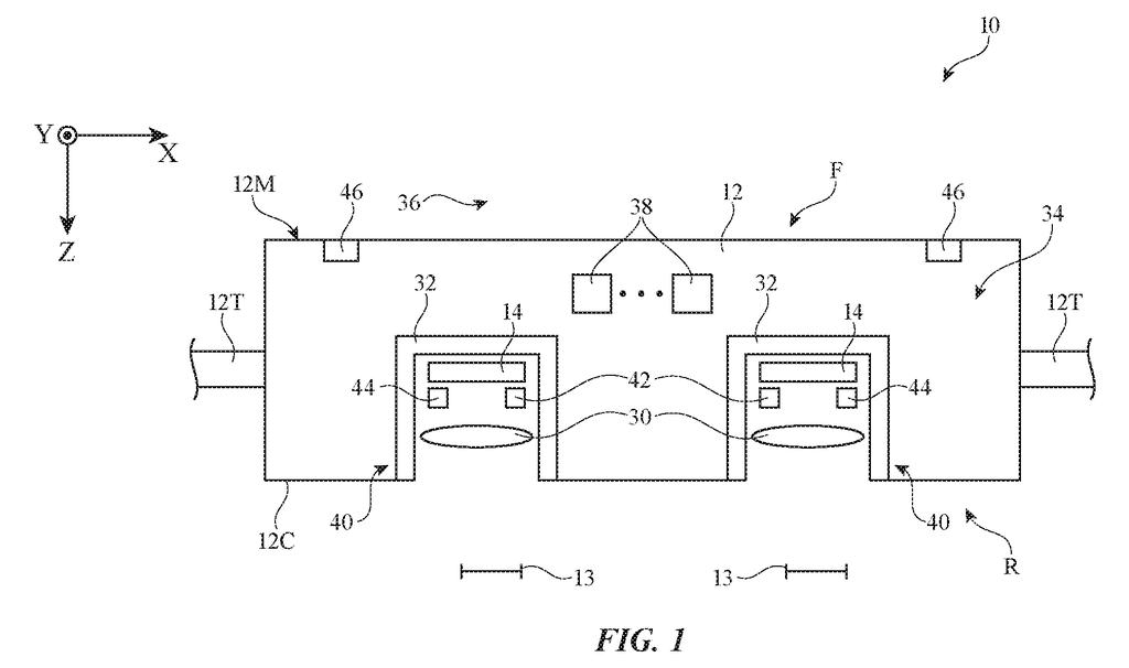 A headset with built-in screens, lenses, and light sensors that detect flickering room bulbs to keep video smooth. Drawing from patent filing US 2026/0332902 A1.