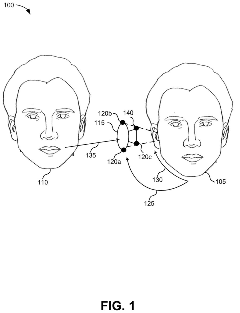 An earbud detects sound vibrations travelling through the wearer's jaw and ear to pick up clear speech. Drawing from patent filing US 2026/0332939 A1.
