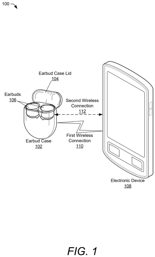An earbud case that connects wirelessly to a phone before the earbuds are removed from the charger. Drawing from patent filing US 2026/0333479 A1.
