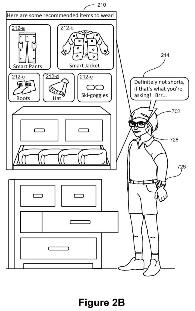 Smart glasses display clothing recommendations and advise a wearer on the right gear to put on before going skiing. Drawing from patent filing US 2026/0339424 A1.
