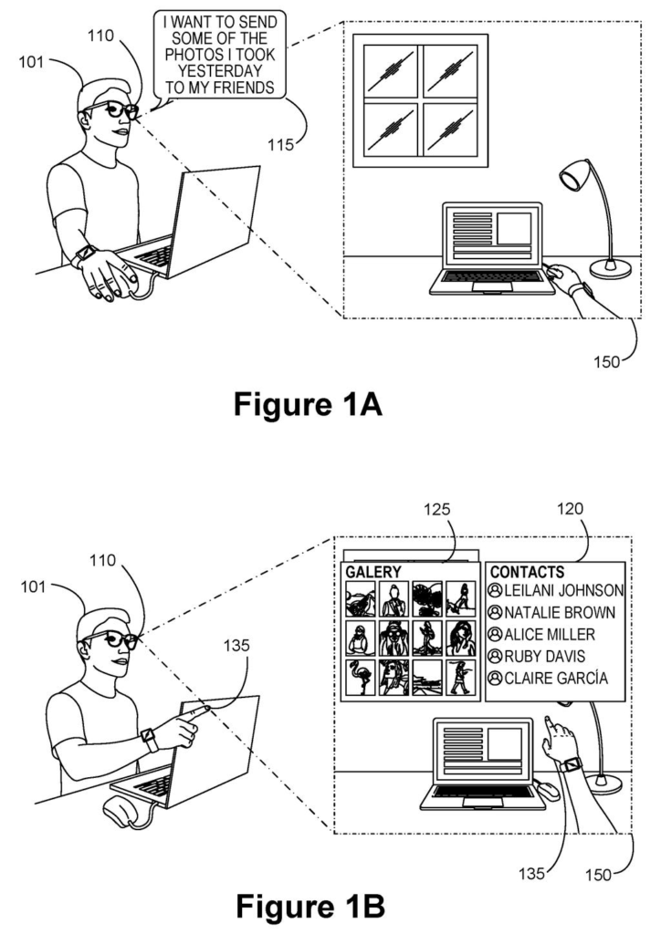 Smart glasses generate an on-the-spot photo gallery and contact list floating in the wearer's view after a voice request. Drawing from patent filing US 2026/0339498 A1.