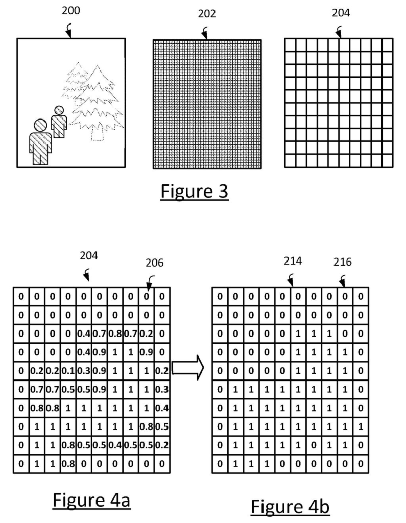 A video game scene is divided into a grid and scored with numbers to mark which parts of each frame can be cut out. Drawing from patent filing US 2026/0340791 A1.