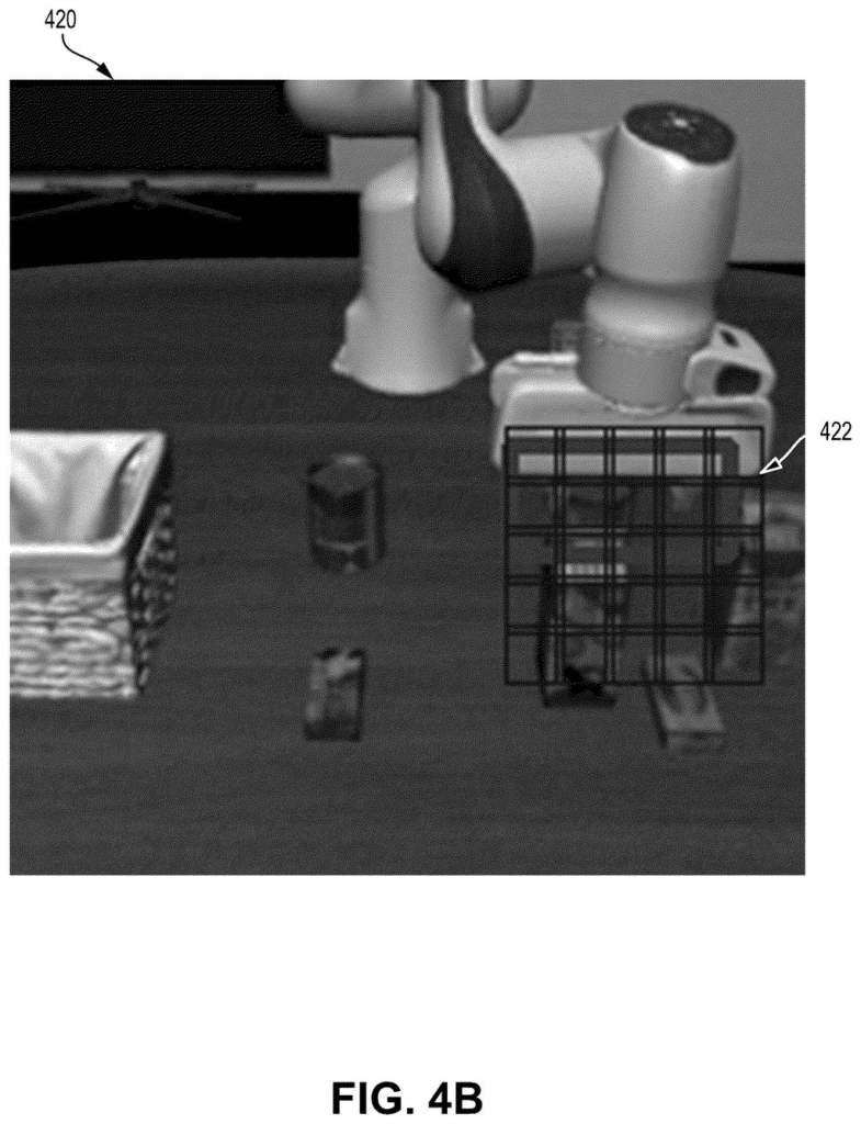 A robot camera view places a detailed focus grid over its mechanical hand while ignoring background clutter on the table. Drawing from patent filing US 2026/0340974 A1.