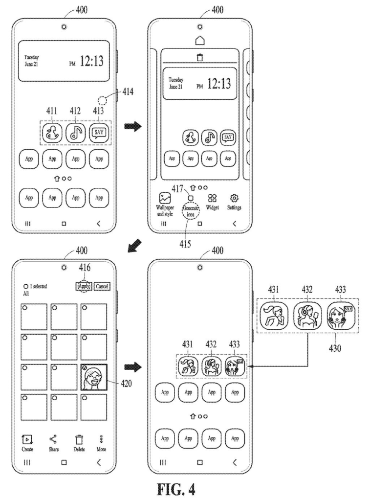 A smartphone interface for choosing a photo and transforming home screen app icons into custom characters. Drawing from patent filing US 2026/0341000 A1.