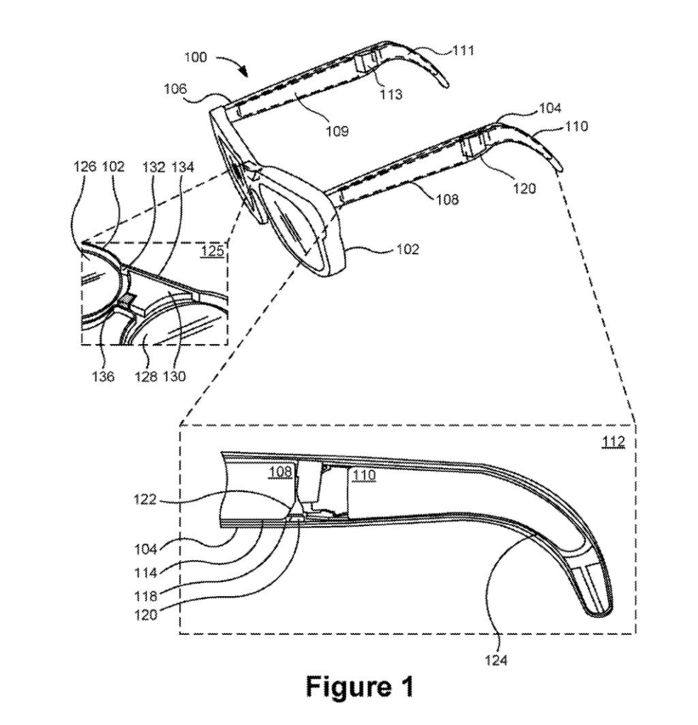 Smart glasses with a see-through look inside the side arm, showing where slim components like batteries fit into the frame. Drawing from patent filing US 2026/0341775 A1.
