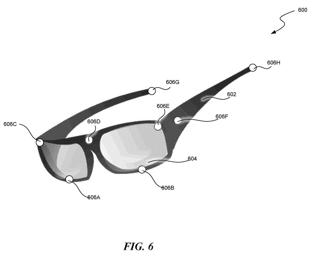 Smart glasses with multiple cameras embedded around the frames to record panoramic video and map the distances to nearby objects. Drawing from patent filing US 2026/0342951 A1.